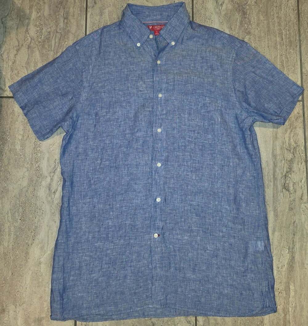 Cremieux Slim Fit Linen Short Sleeve Shirt Size L Blue
